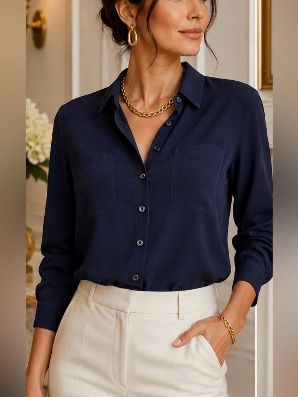 Kate Spade New York 100% Silk Navy Button Up Blouse Size 2 Long Sleeve Dual Pock